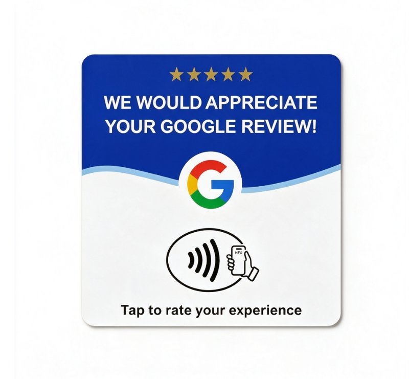 The Google review tap card we sell, a 12 cm acrylic card